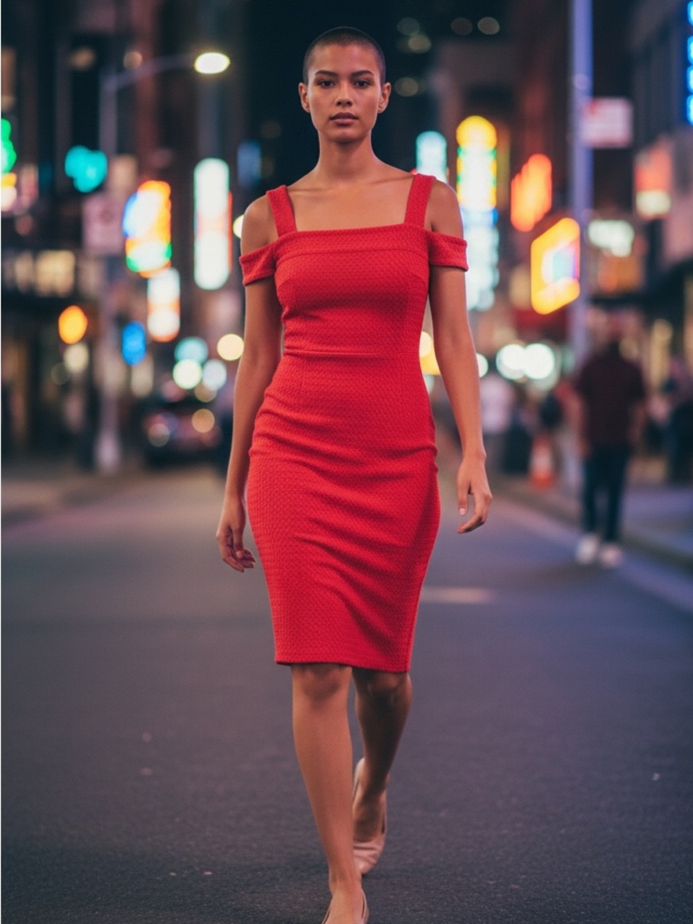 Michael Kors Red Off-Shoulder Midi Bodycon Dress